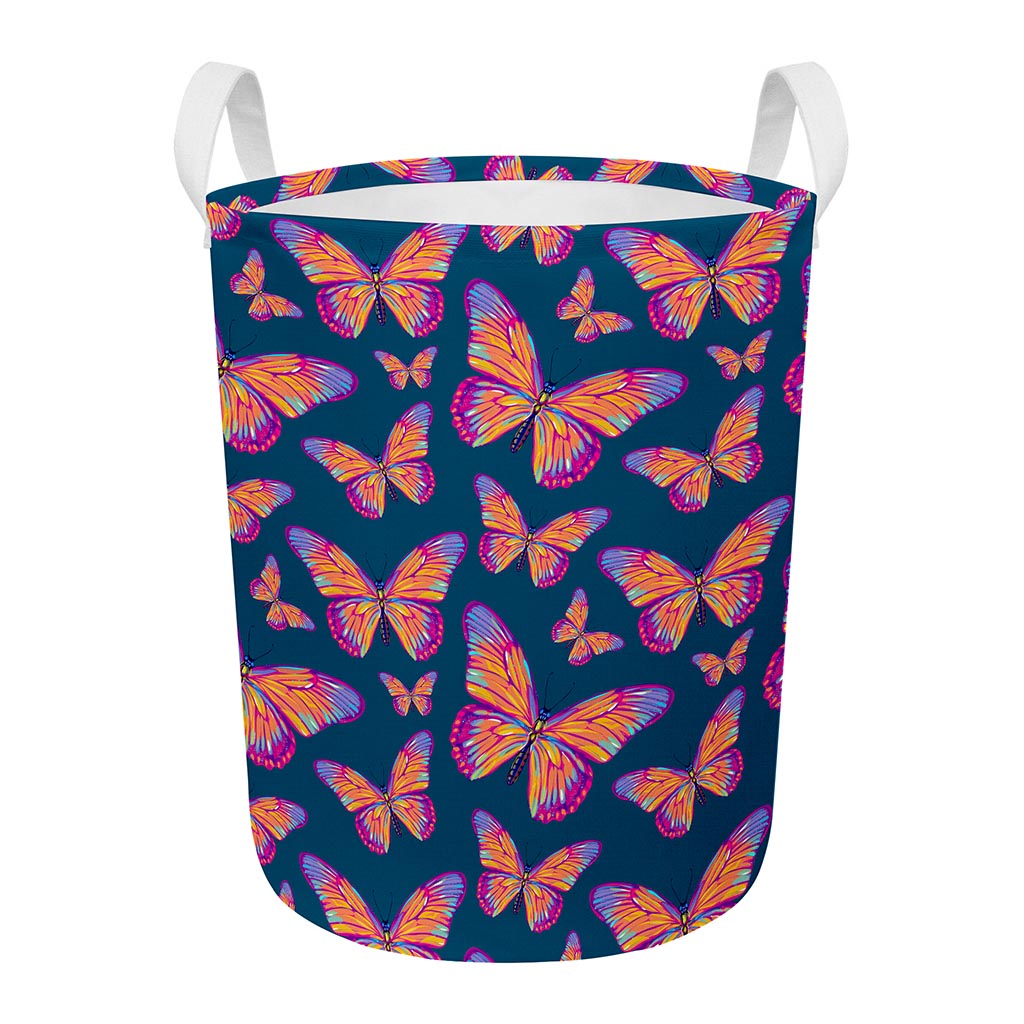 Orange And Purple Butterfly Print Round Laundry Basket