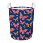 Orange And Purple Butterfly Print Round Laundry Basket