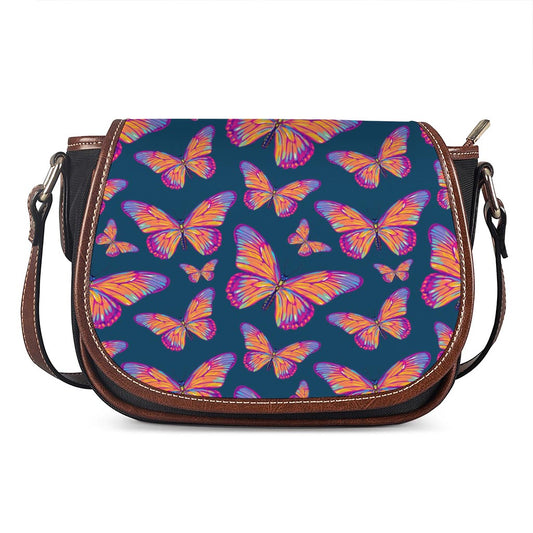 Orange And Purple Butterfly Print Saddle Bag