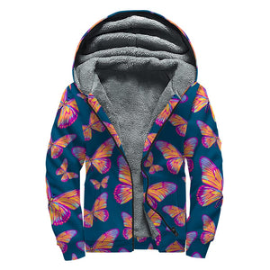 Orange And Purple Butterfly Print Sherpa Lined Zip Up Hoodie