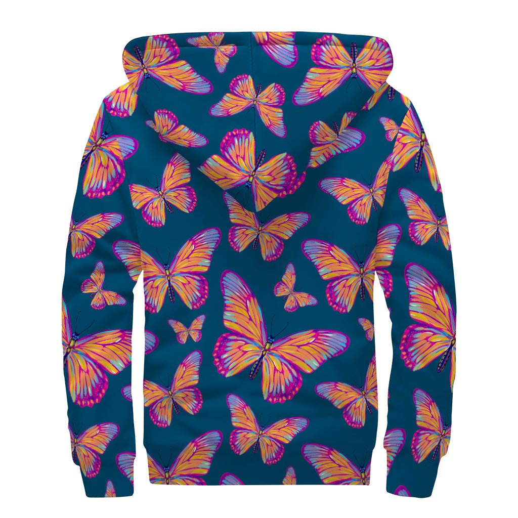 Orange And Purple Butterfly Print Sherpa Lined Zip Up Hoodie