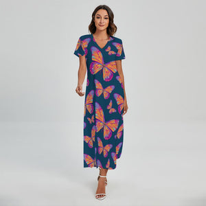 Orange And Purple Butterfly Print Short Sleeve Maxi Dress