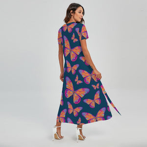 Orange And Purple Butterfly Print Short Sleeve Maxi Dress