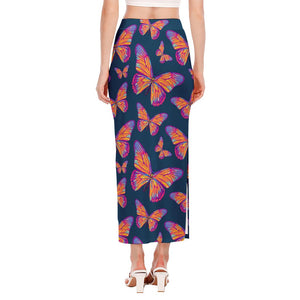 Orange And Purple Butterfly Print Side Slit Maxi Skirt