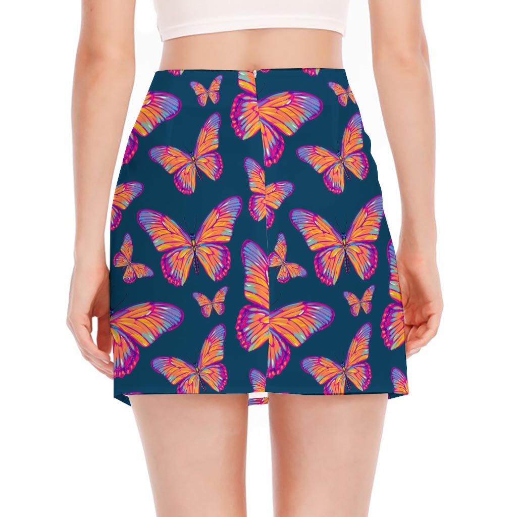 Orange And Purple Butterfly Print Side Slit Mini Skirt