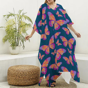 Orange And Purple Butterfly Print Silk V-Neck Kaftan Dress