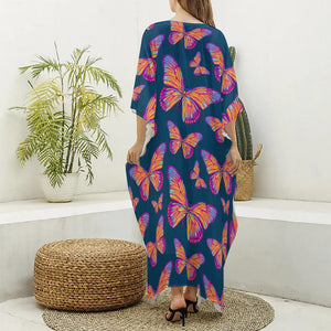 Orange And Purple Butterfly Print Silk V-Neck Kaftan Dress