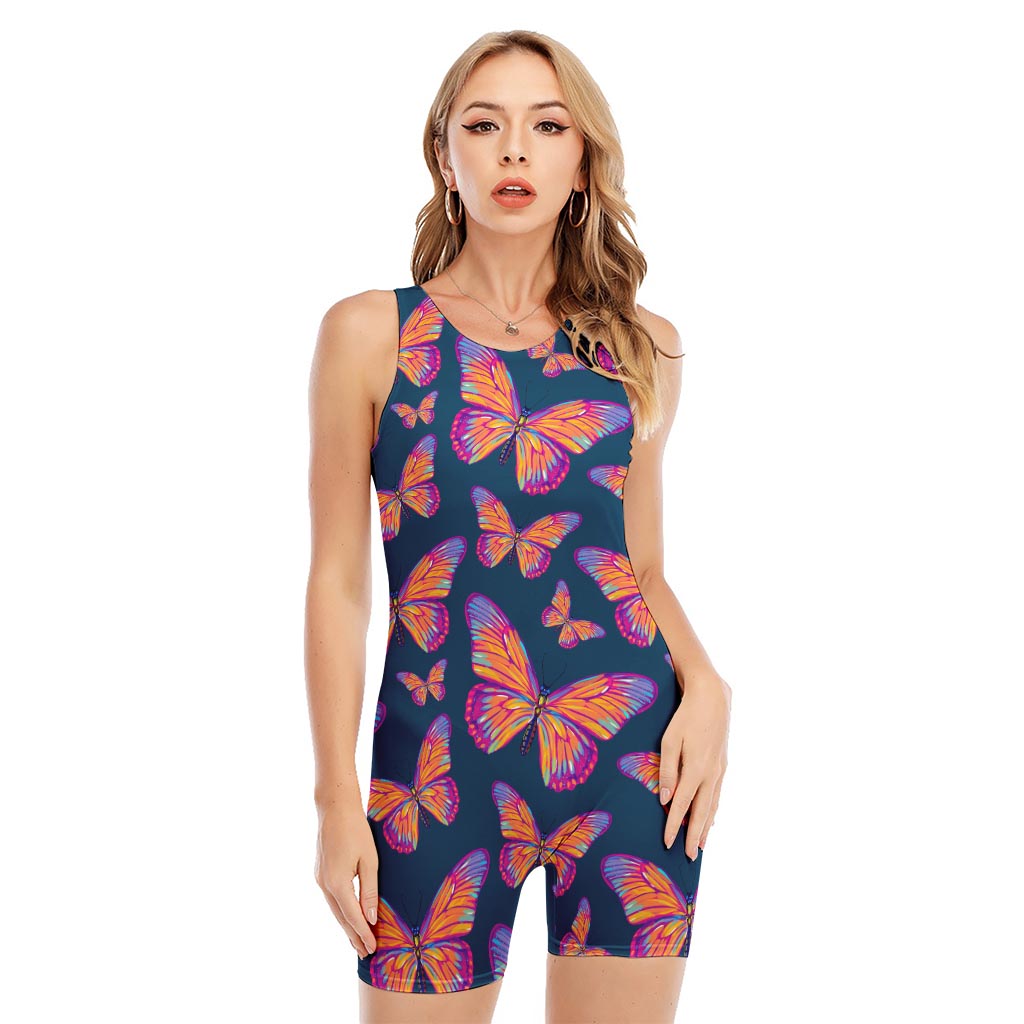 Orange And Purple Butterfly Print Sleeveless One Piece Swimsuit