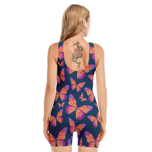 Orange And Purple Butterfly Print Sleeveless One Piece Swimsuit