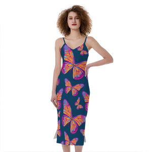 Orange And Purple Butterfly Print Slim Fit Midi Cami Dress