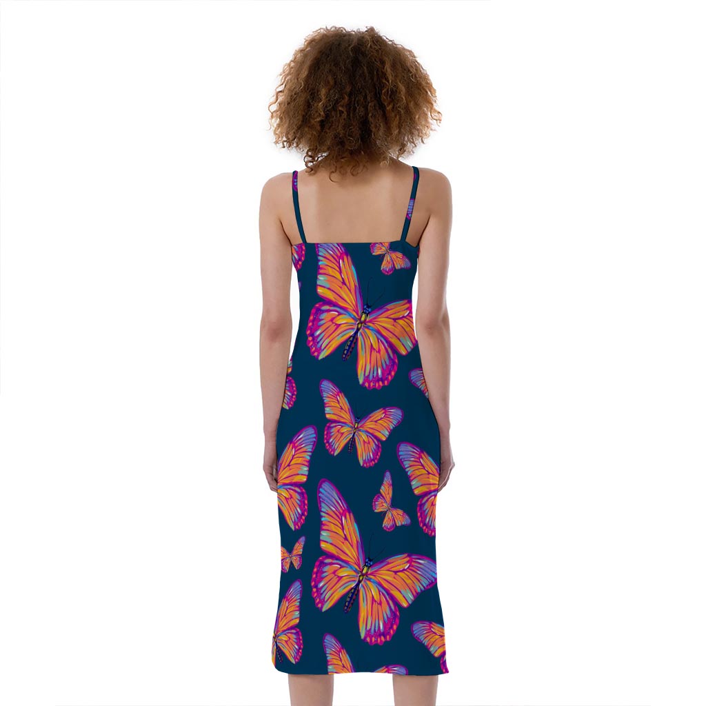 Orange And Purple Butterfly Print Slim Fit Midi Cami Dress