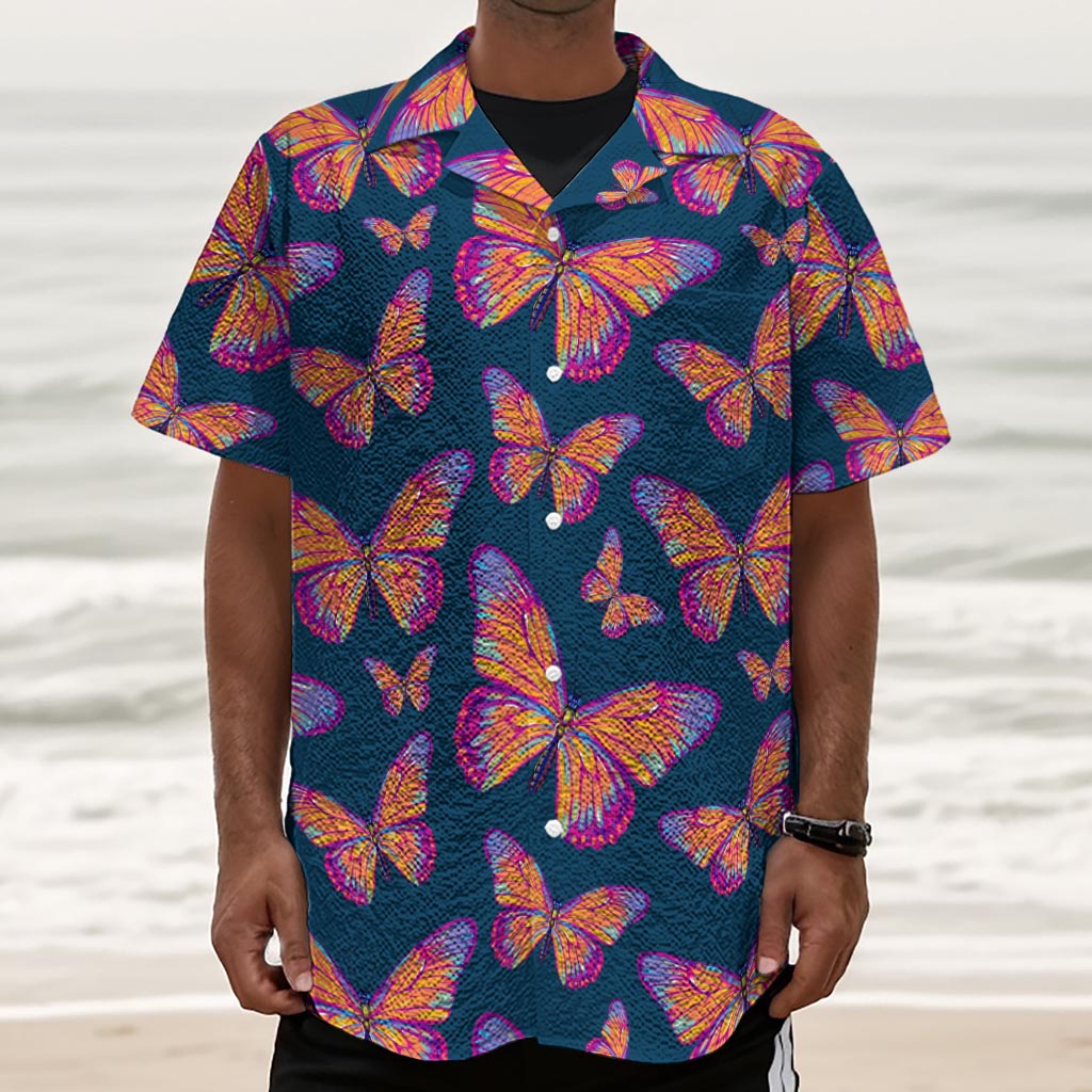 Orange And Purple Butterfly Print Textured Short Sleeve Shirt