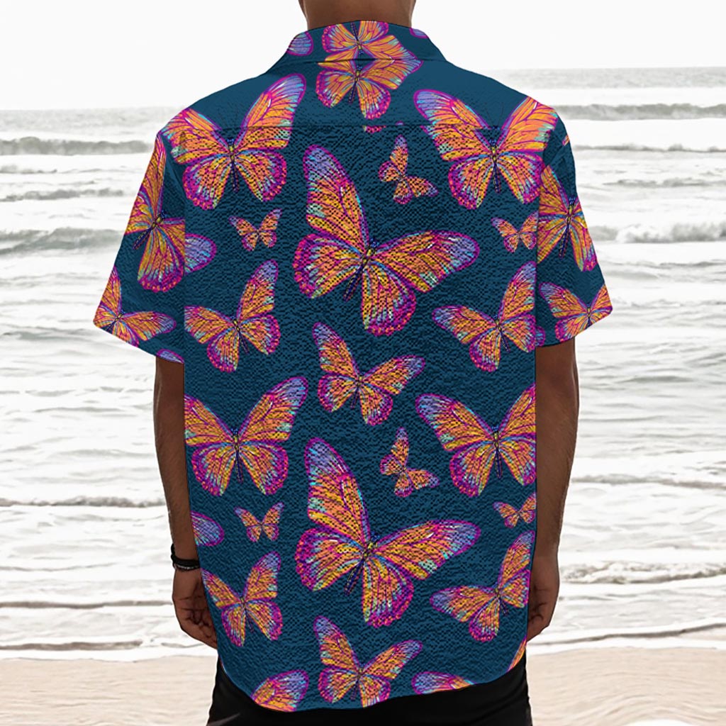 Orange And Purple Butterfly Print Textured Short Sleeve Shirt