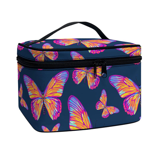 Orange And Purple Butterfly Print Travel Makeup Bag
