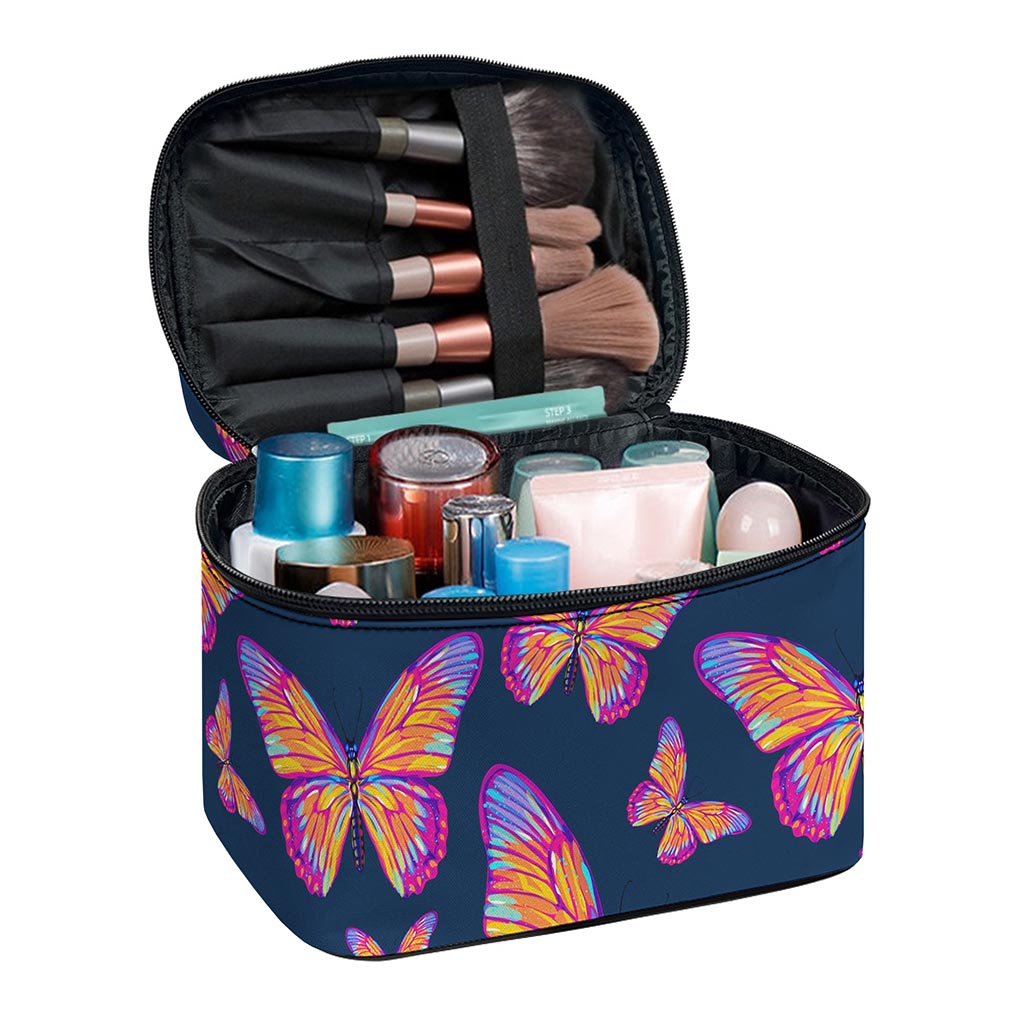 Orange And Purple Butterfly Print Travel Makeup Bag