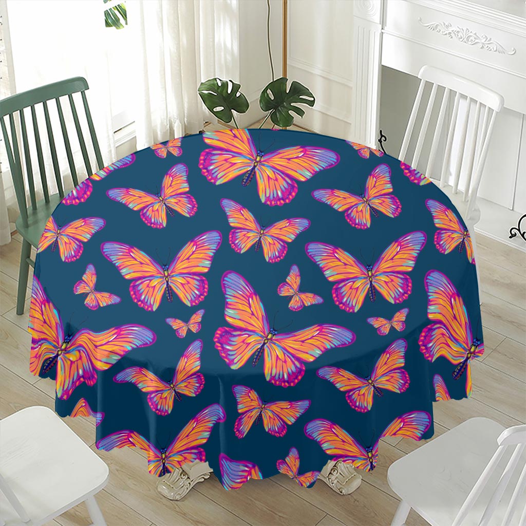 Orange And Purple Butterfly Print Waterproof Round Tablecloth