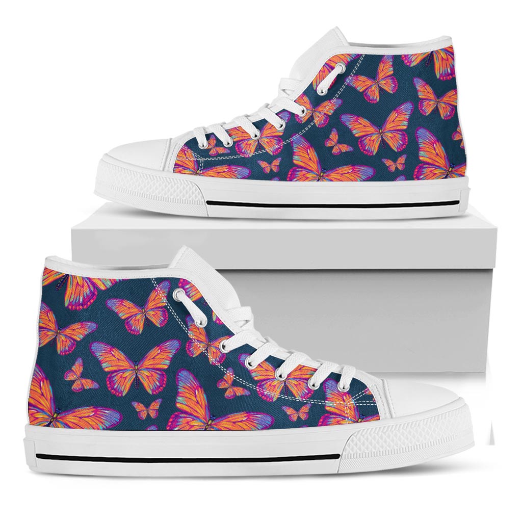 Orange And Purple Butterfly Print White High Top Sneakers