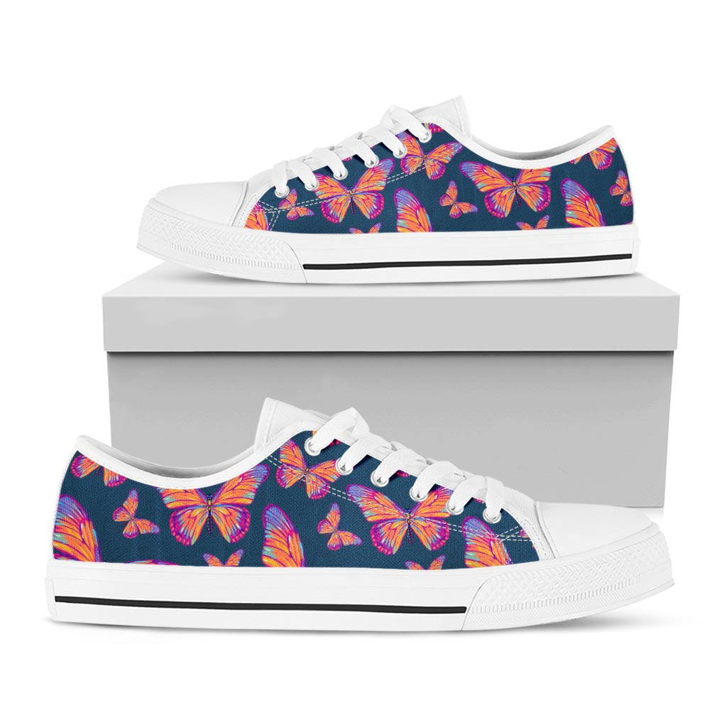 Orange And Purple Butterfly Print White Low Top Sneakers