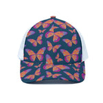 Orange And Purple Butterfly Print White Mesh Trucker Cap