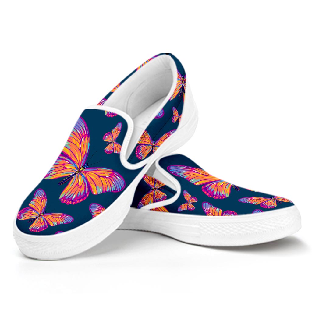 Orange And Purple Butterfly Print White Slip On Sneakers