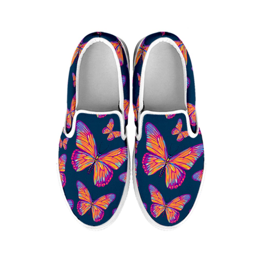 Orange And Purple Butterfly Print White Slip On Sneakers