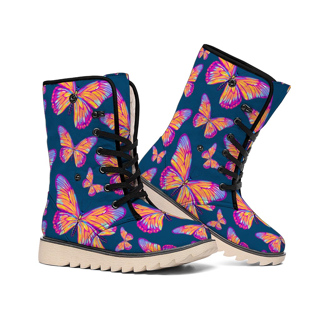 Orange And Purple Butterfly Print Winter Boots