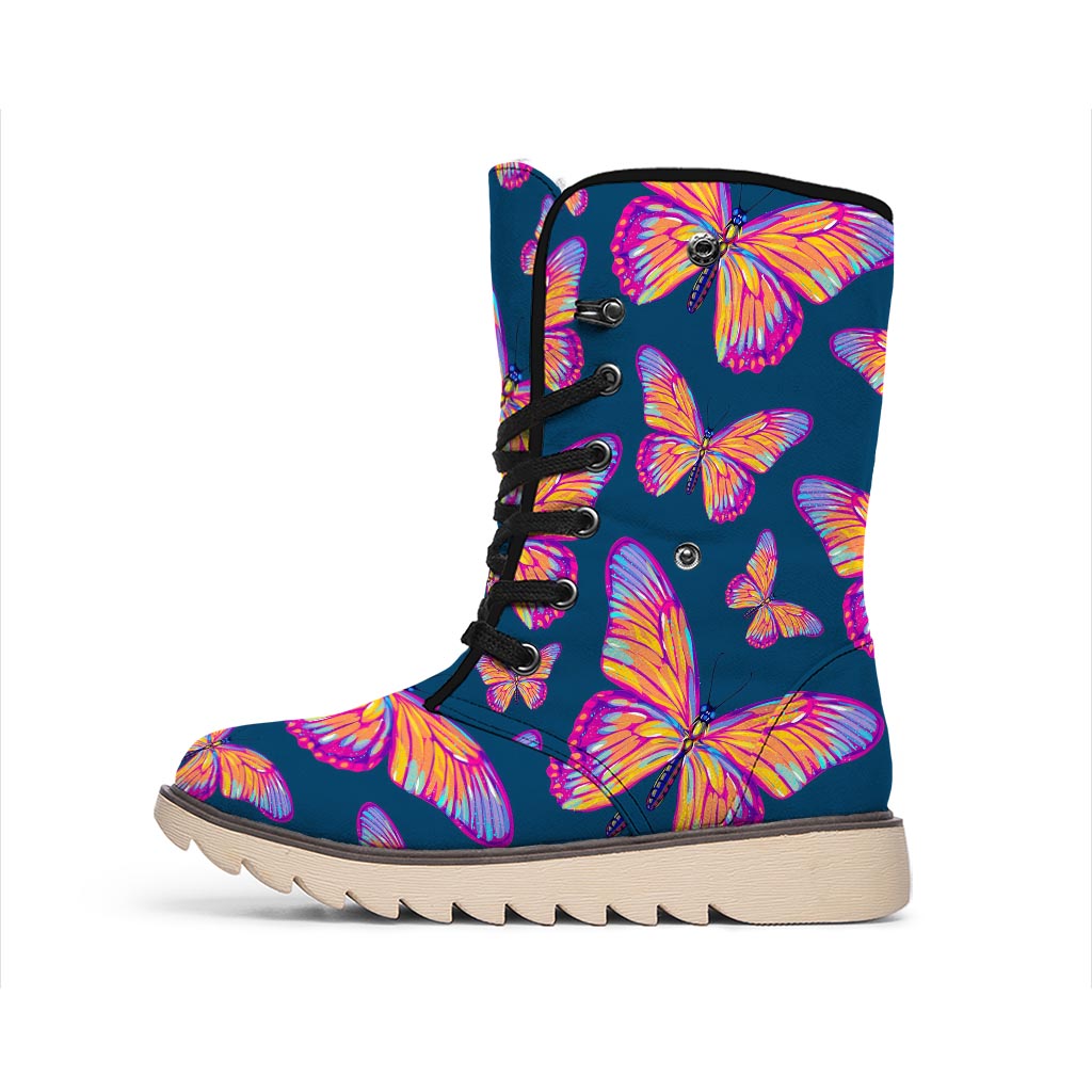 Orange And Purple Butterfly Print Winter Boots