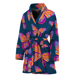 Orange And Purple Butterfly Print Women's Bathrobe