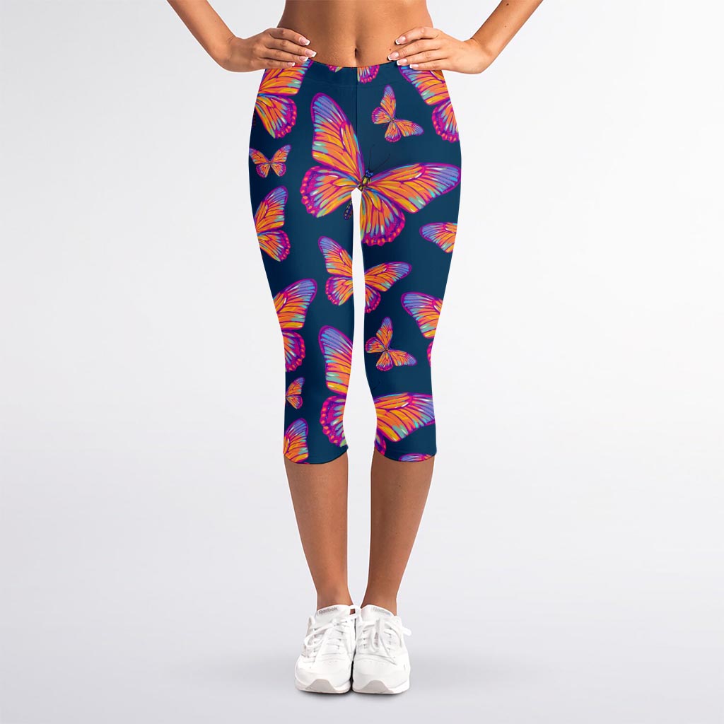 Orange And Purple Butterfly Print Women's Capri Leggings