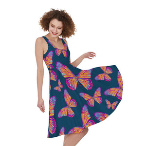 Orange And Purple Butterfly Print Women's Sleeveless Dress