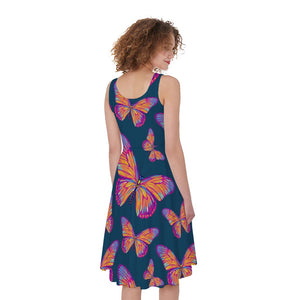 Orange And Purple Butterfly Print Women's Sleeveless Dress