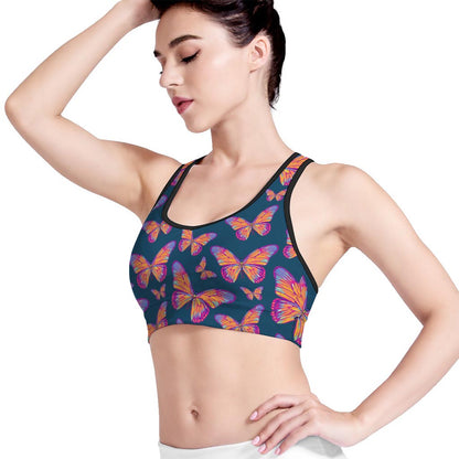 Orange And Purple Butterfly Print Women's Sports Bra