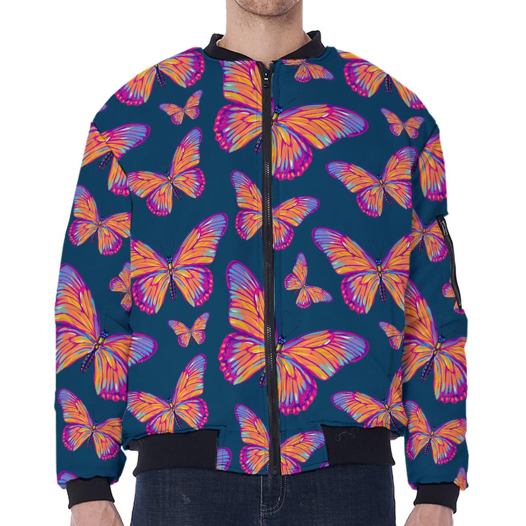 Orange And Purple Butterfly Print Zip Sleeve Bomber Jacket