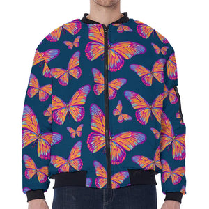 Orange And Purple Butterfly Print Zip Sleeve Bomber Jacket