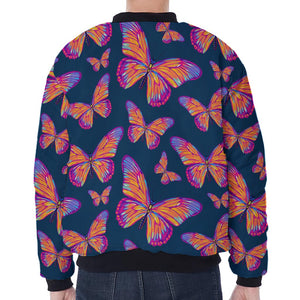 Orange And Purple Butterfly Print Zip Sleeve Bomber Jacket