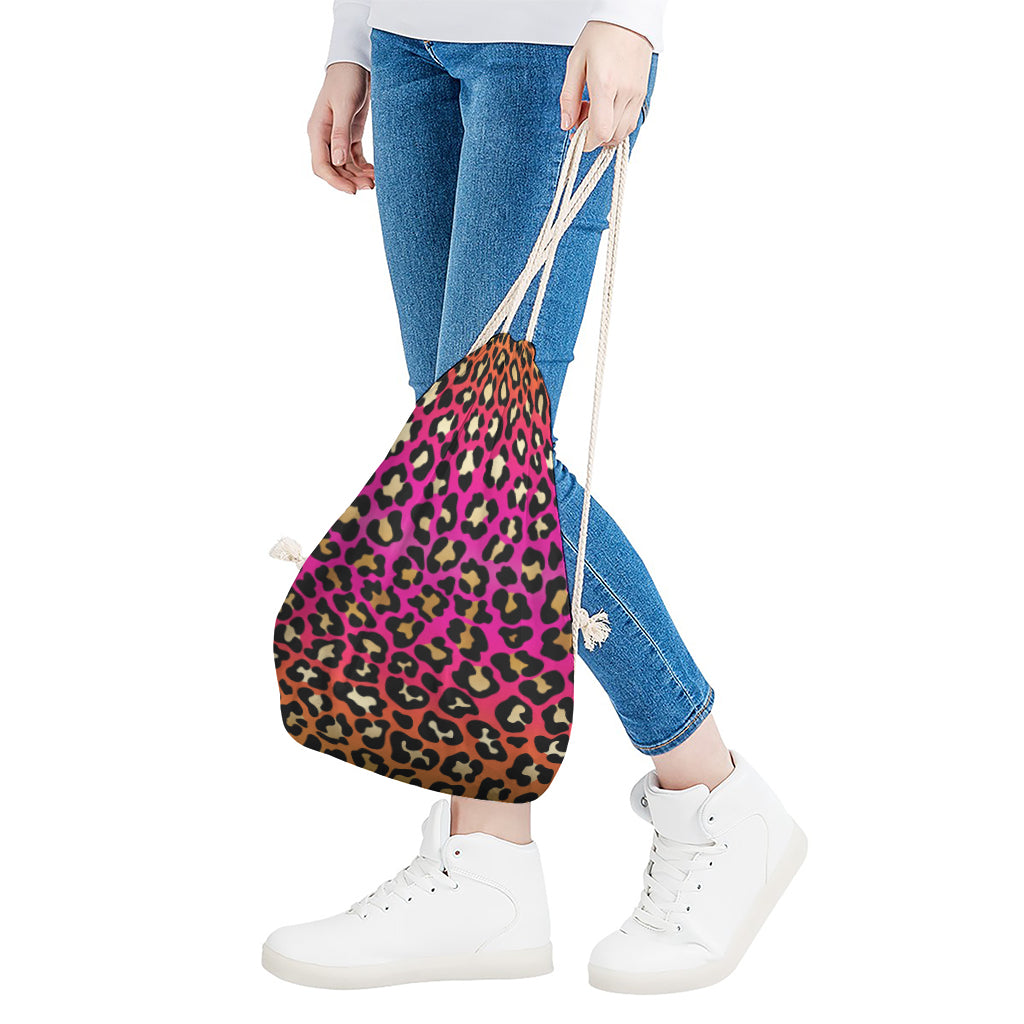 Orange And Purple Leopard Print Drawstring Bag