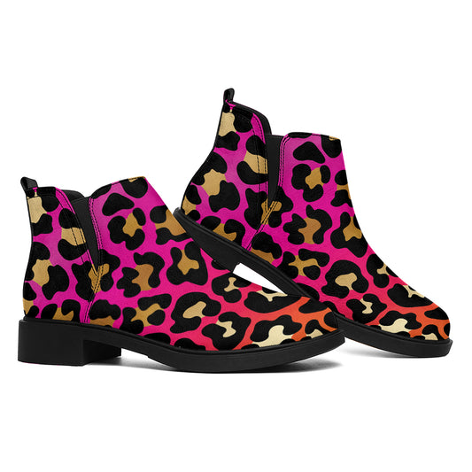 Orange And Purple Leopard Print Flat Ankle Boots