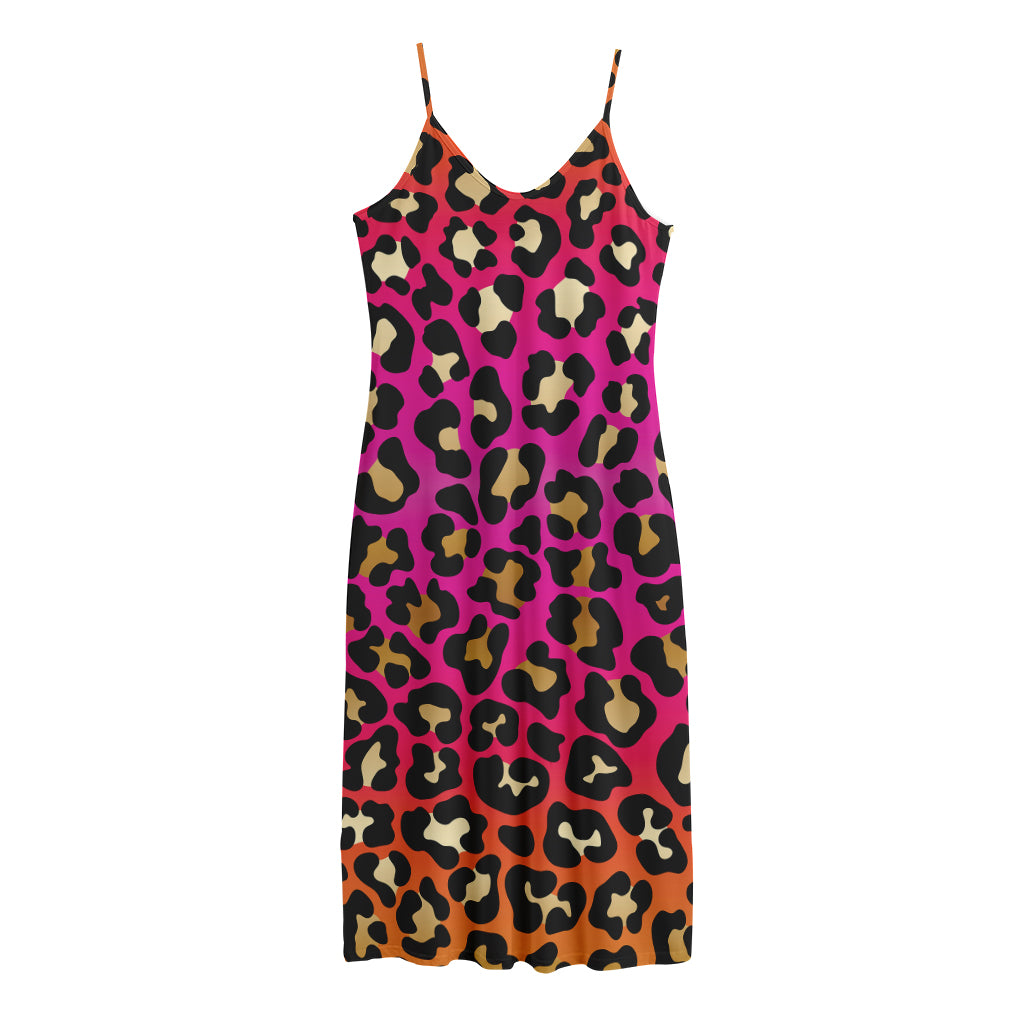 Orange And Purple Leopard Print Jersey Midi Cami Dress