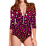 Orange And Purple Leopard Print Long Sleeve Swimsuit