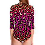 Orange And Purple Leopard Print Long Sleeve Swimsuit