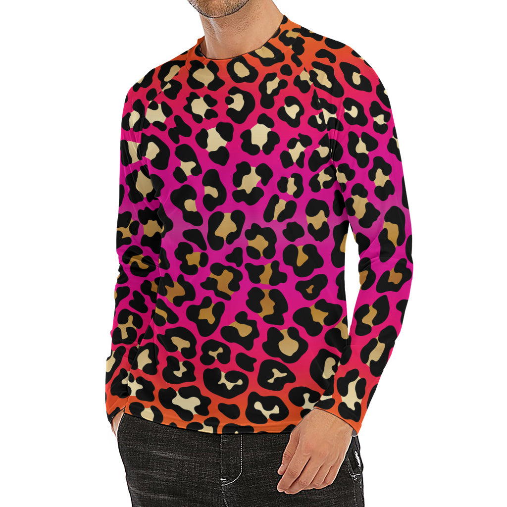 Orange And Purple Leopard Print Men's Long Sleeve Rash Guard