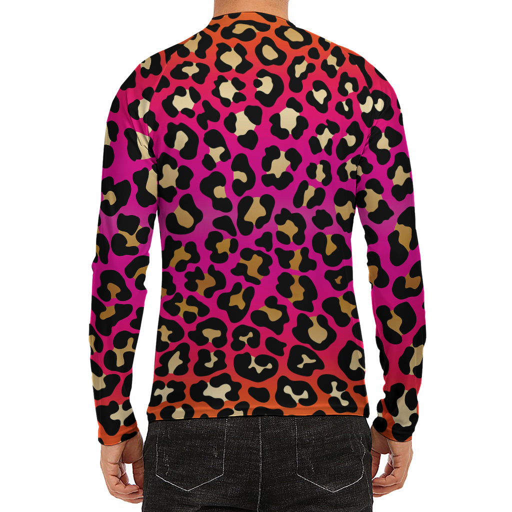 Orange And Purple Leopard Print Men's Long Sleeve Rash Guard