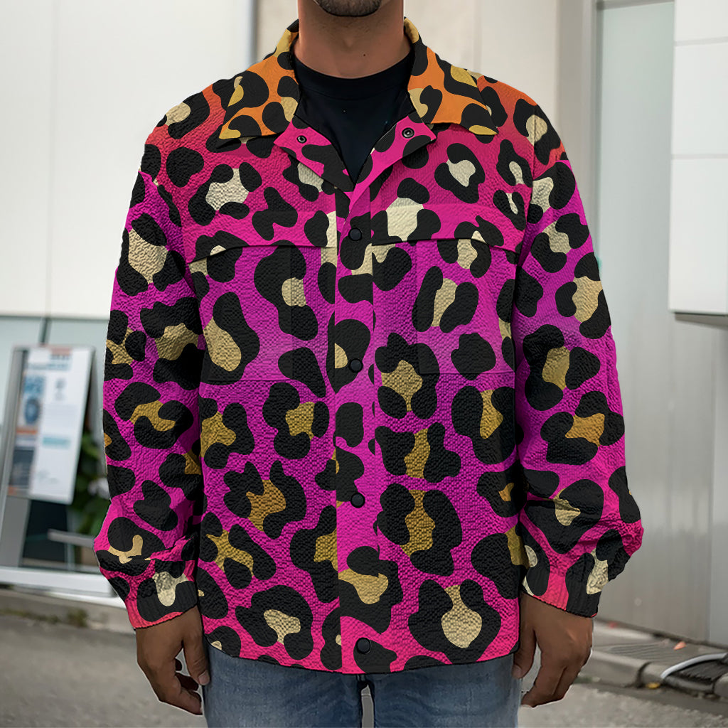 Orange And Purple Leopard Print Men's Shirt Jacket