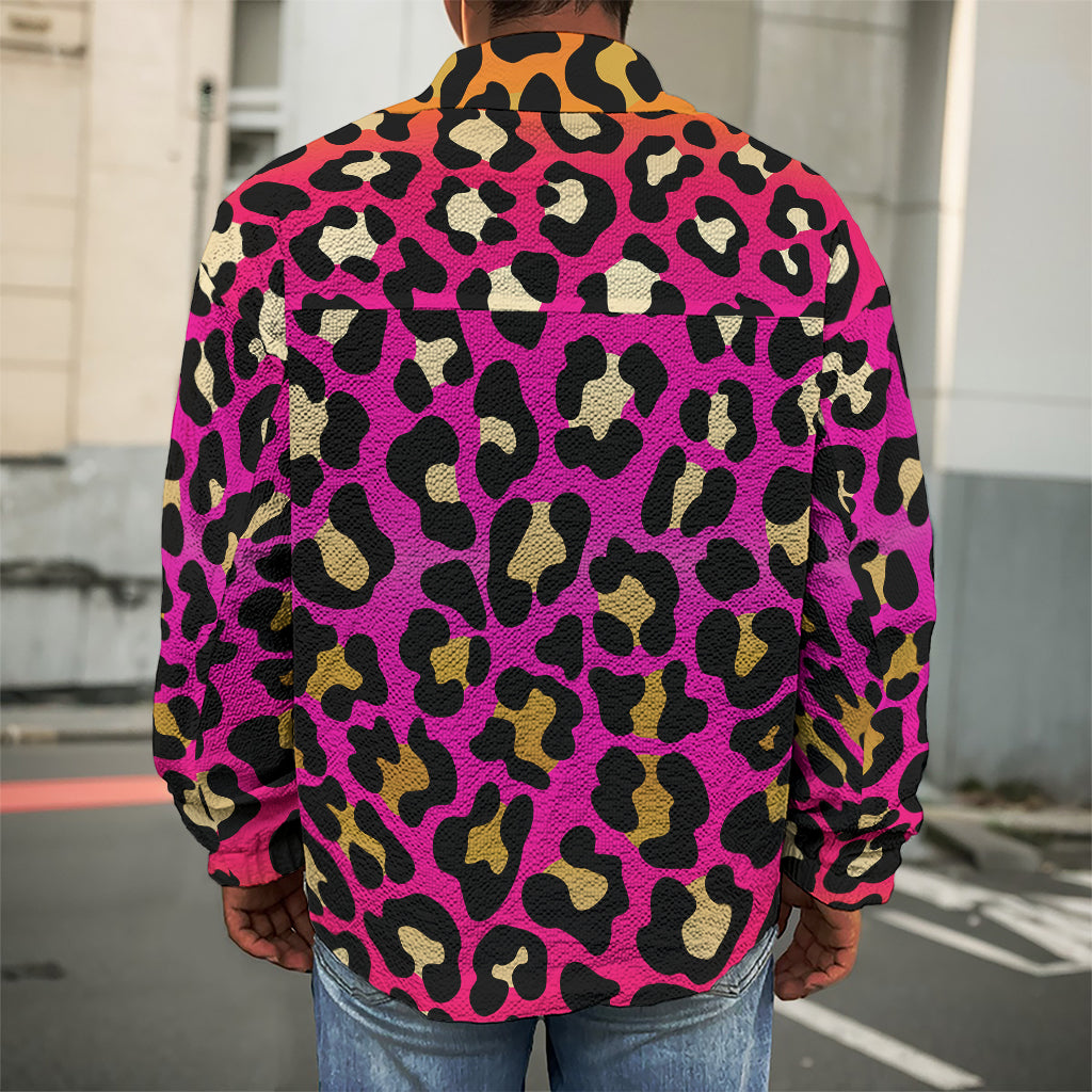 Orange And Purple Leopard Print Men's Shirt Jacket