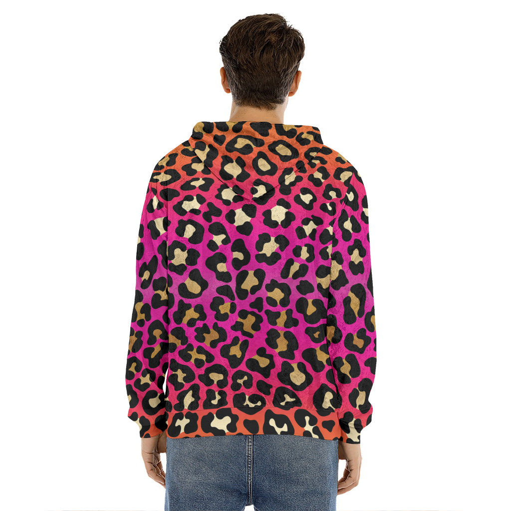 Orange And Purple Leopard Print Men's Velvet Pullover Hoodie