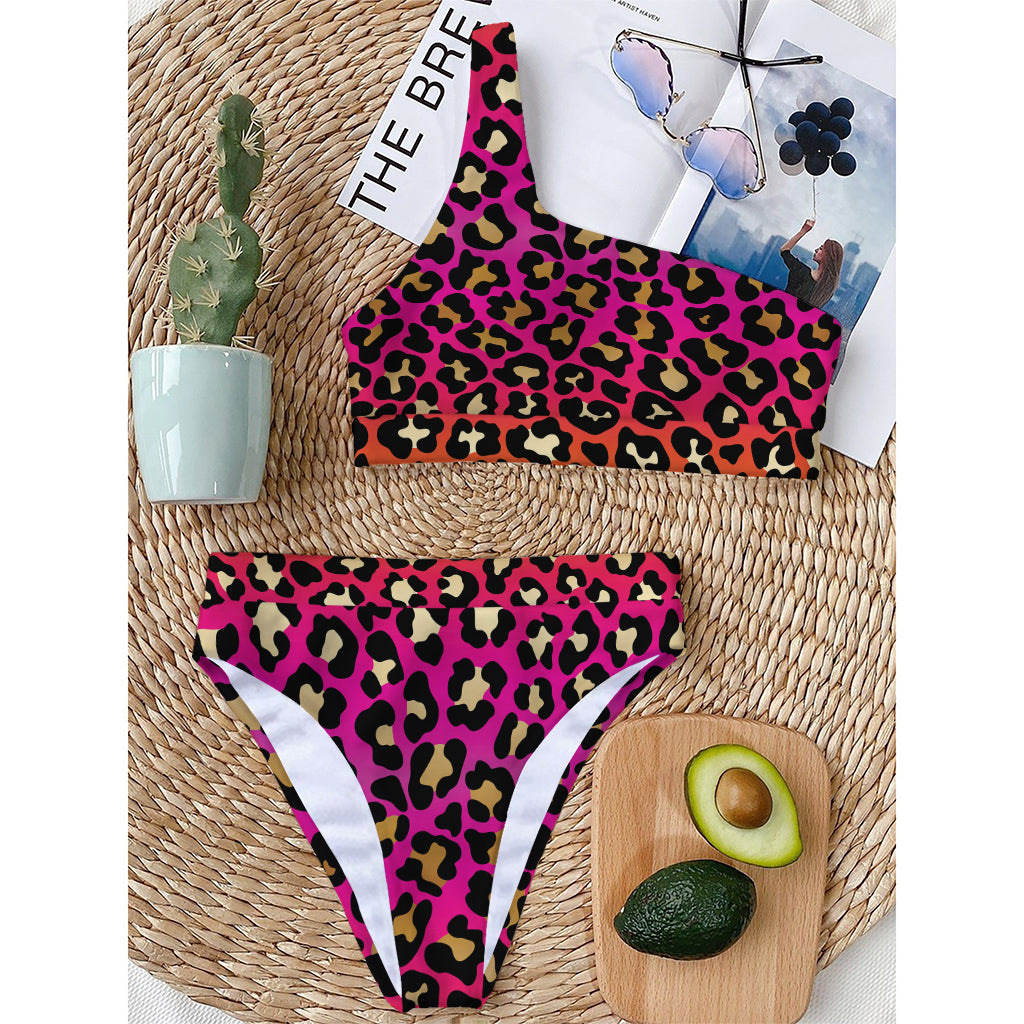 Orange And Purple Leopard Print One Shoulder Bikini Top
