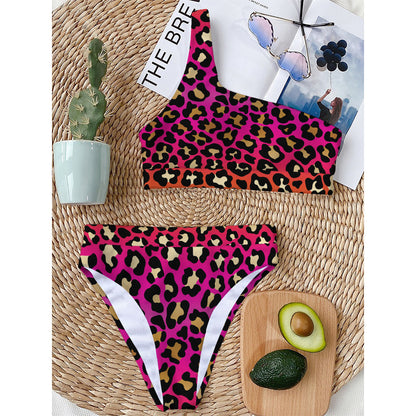 Orange And Purple Leopard Print One Shoulder Bikini Top