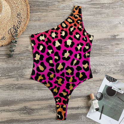 Orange And Purple Leopard Print One Shoulder Bodysuit