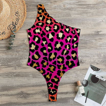 Orange And Purple Leopard Print One Shoulder Bodysuit