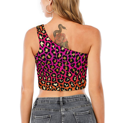 Orange And Purple Leopard Print One Shoulder Crop Top